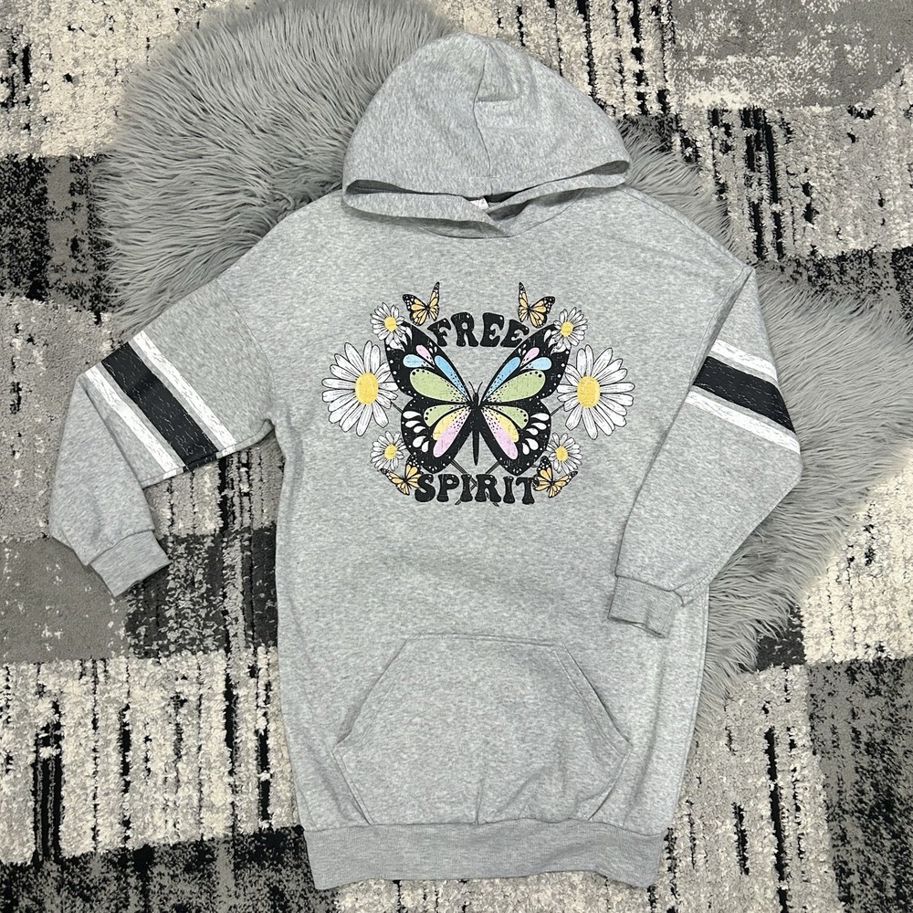 No Boundaries Gray Hoodie Butterfly & Floral Graphic Small Free Spirit Dress